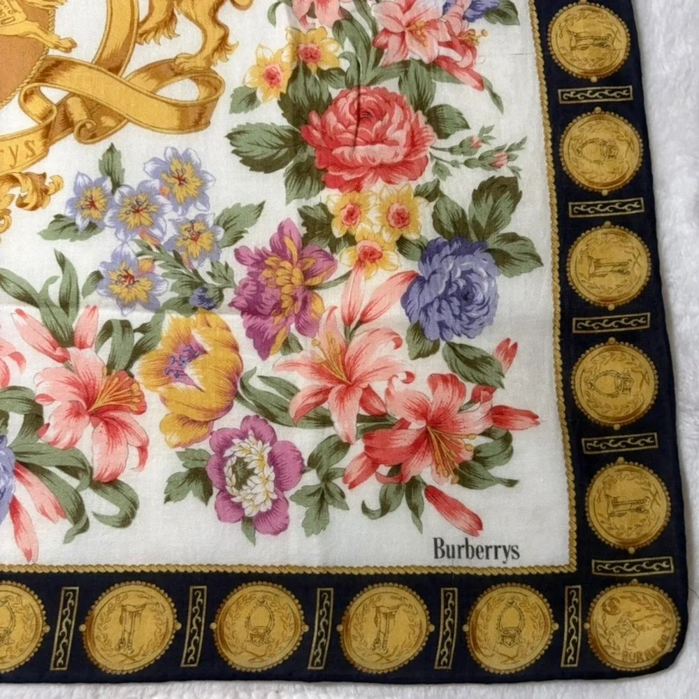 BURBERRYS Scarf Handkerchief Floral Crest Cotton White Navy 22x22